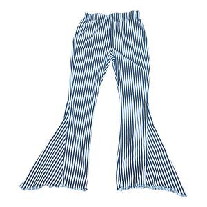 Lucky & Blessed Flare Pants Womens Large Frayed Hem Blue White Striped Nautical